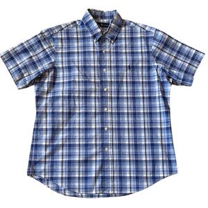 Ralph Lauren Short Sleeve Plaid Button Down Shirt Blue/White Cotton Light Large
